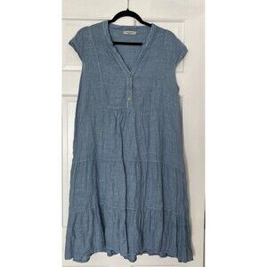 Francesca Bettini Linen Dress Medium Blue Tiered Buttons Italy Earthy Boho